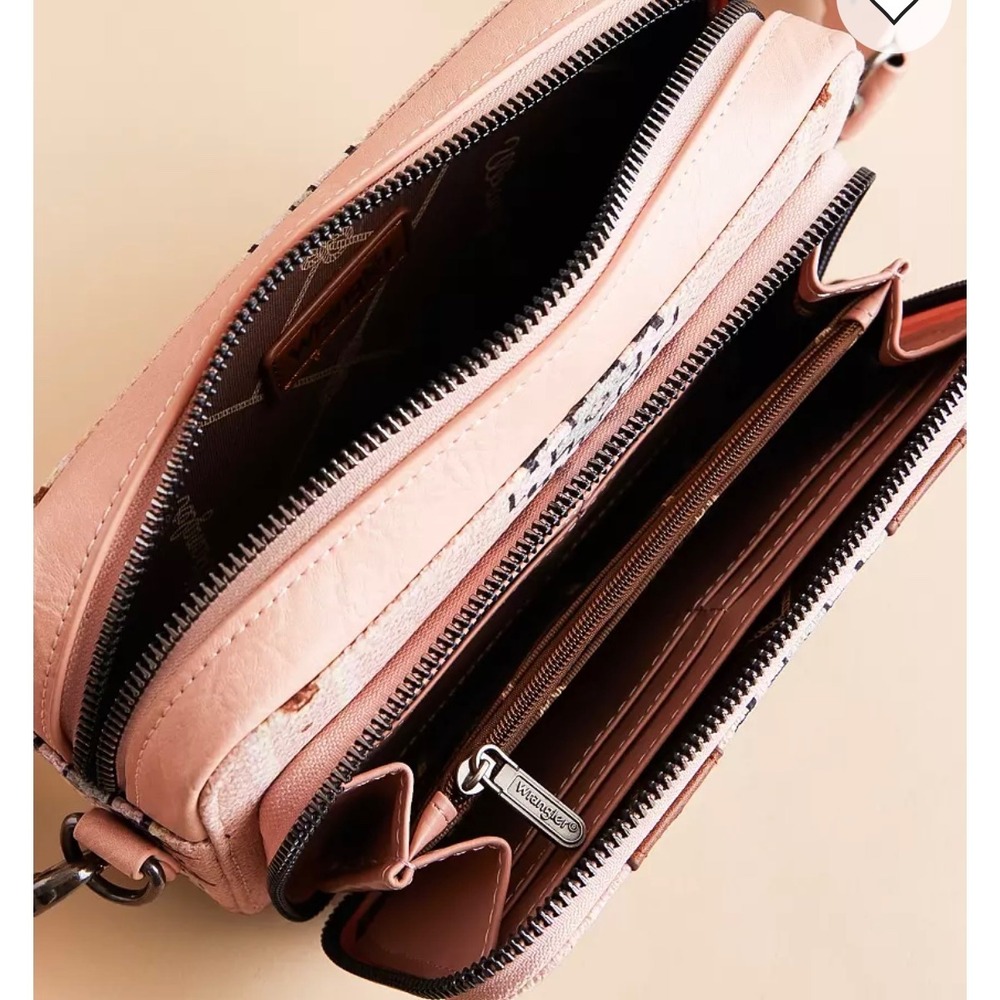 Wrangler Crossbody Bag Women  Pink Aztec Canvas PU Leather Western Organizer New - Picture 7 of 8